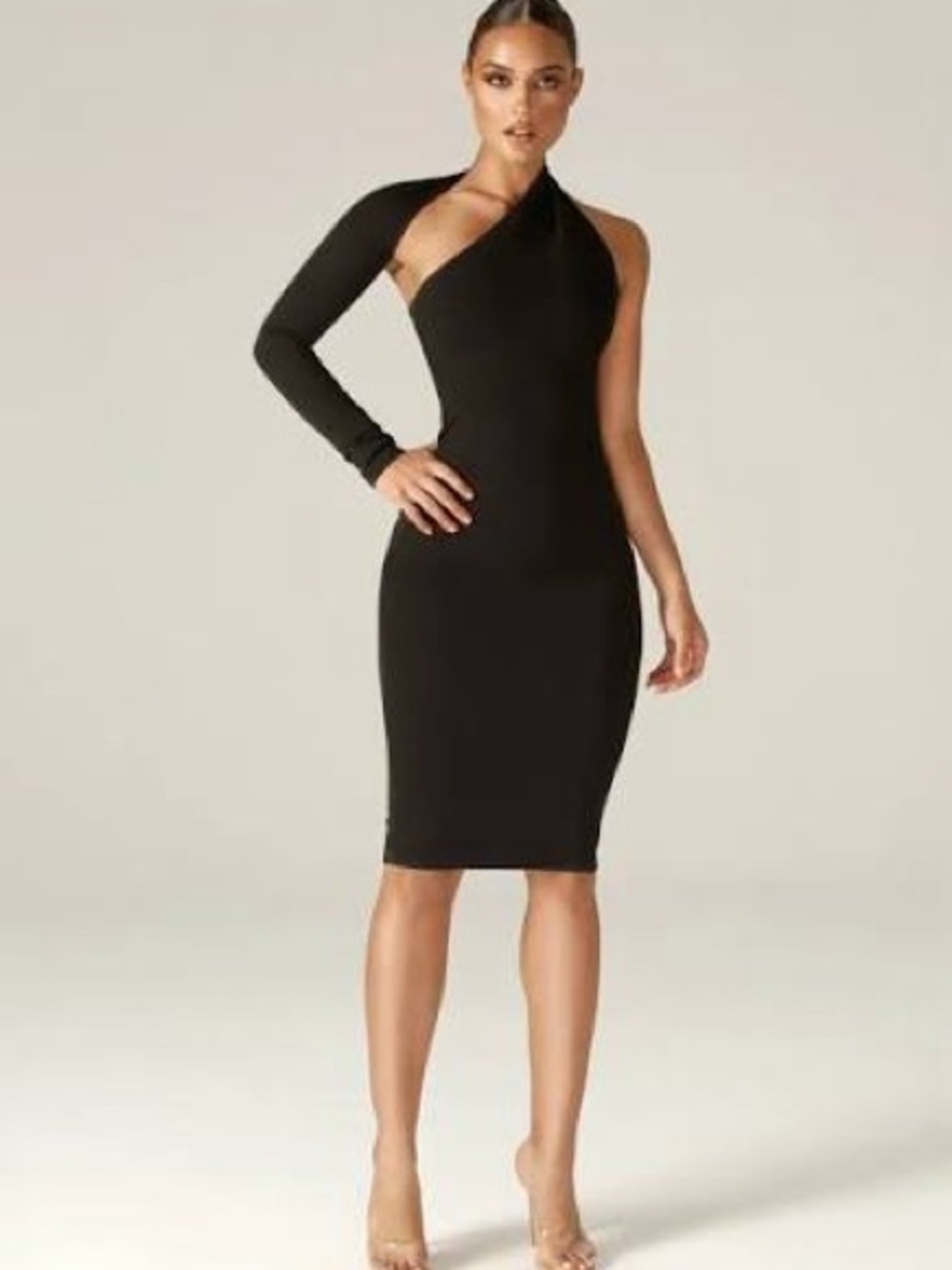 Alieva Asymmetric One-Shoulder Black Midi Dress